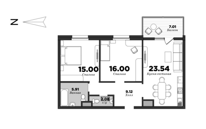 NEVA HAUS, Корпус 1, 2 спальни, 75.16 м² | планировка элитных квартир Санкт-Петербурга | М16